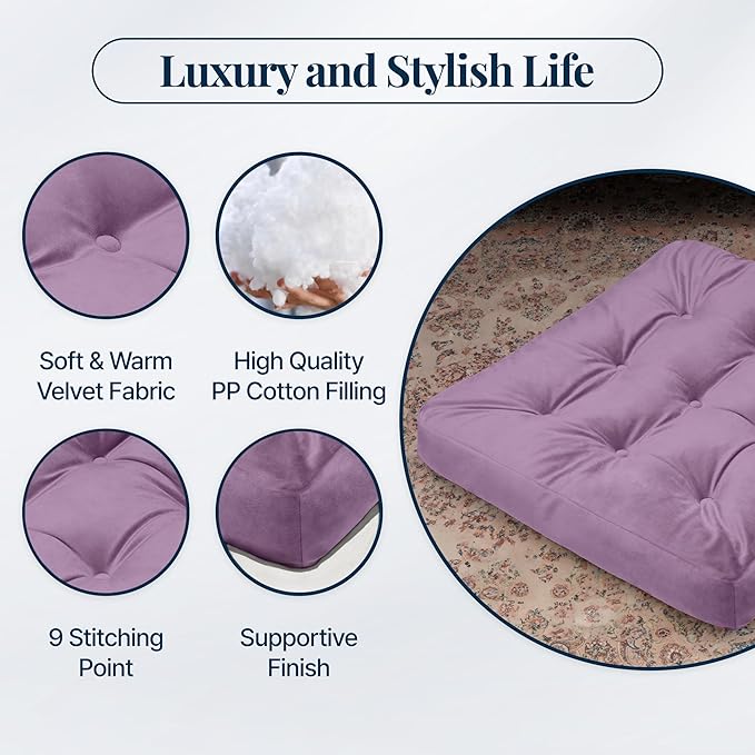 Velvet Floor Pillow Set of 2, Square Large Pillows Seating for Adults, Tufted Cushions for Meditation, Yoga, Tatami, Living Room, Chair, Machine-Washable & Dryer-Safe, Lavender, 22x22 Inch