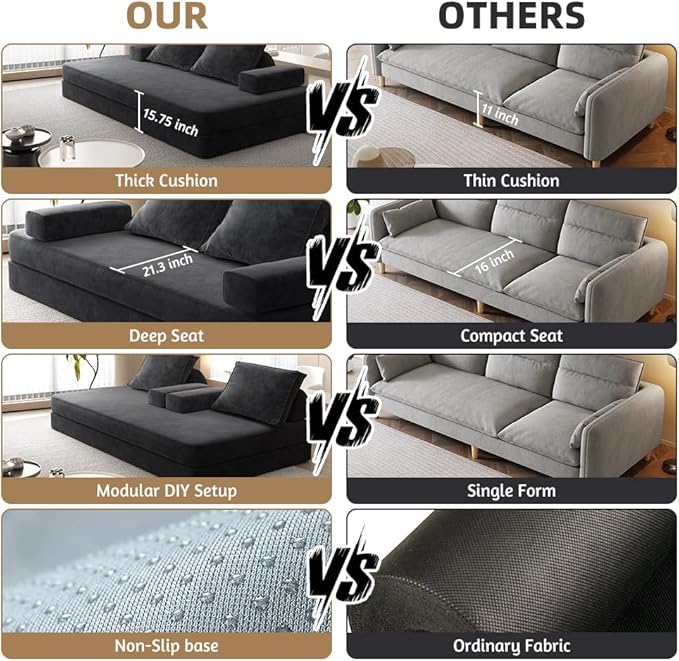Convertible Sleeper Sofa Bed Floor Sofa,86.6" King Size Folding Mattress Couch with Pillow,Upholstered Boneless Cloud Couch for Apartment Living Room Bedroom (Dark Gray)