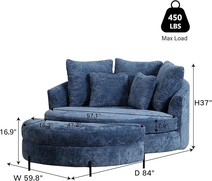 Chifee & Vingol 59.8" W Oversized Accent Barrel Chair Large Round Chair with Ottoman & Movable Wheels,Blue