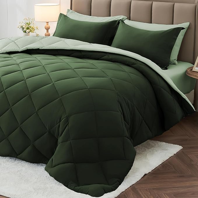 MUXHOMO 7 Pieces Full Comforter Set, Reversible Bed in a Bag Full Size, All Season Bedding Set with Comforter, Flat Sheet, Fitted Sheet, Pillowcases & Shams, Dark Green & Light Green