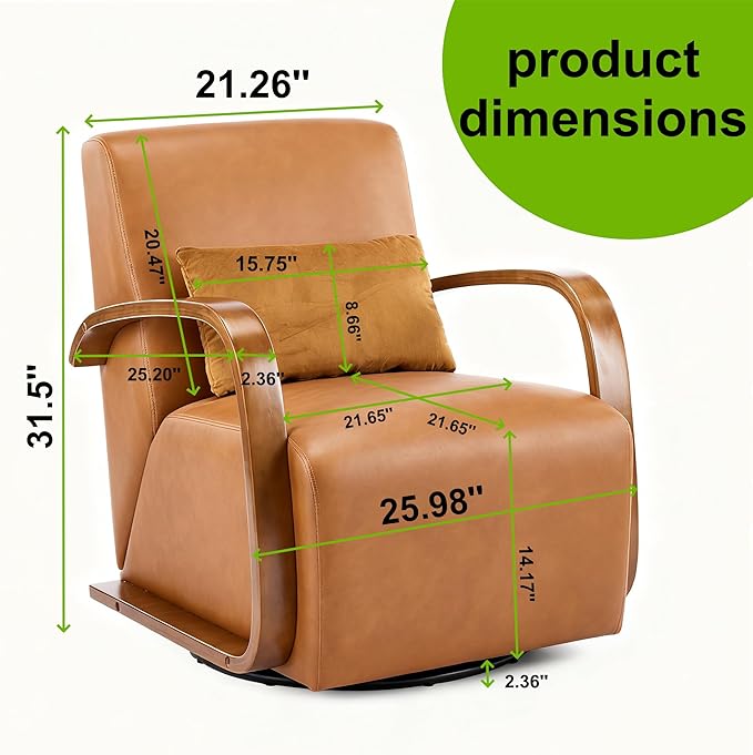 Swivel Accent Chair with Soild Wood Armrest, Modern Lounge Conversation Chair with Pillow, 360-Degree Rotation for Living Room, Office (PU Leather, Brown)