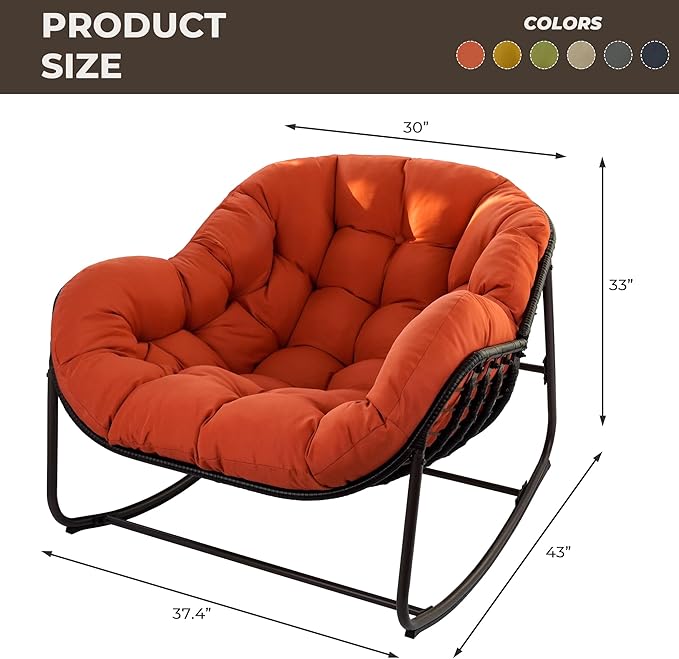 Sgentle Papasan Rocking Chair Outdoor, Oversized Patio Rocking Chair with Cushions & Steel Frame, Wicker Egg Lounge Chair Indoor, Comfy Reading Chair for Patio, Deck, Porch (Red, Style 1)