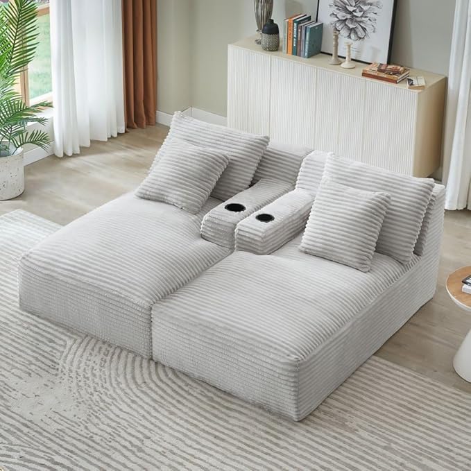 71" Oversized Double Chaise Lounge Sofa Indoor Boneless Sleeper Daybed, Fluffy Corduroy Upholstered Compressed Cloud Couch Loveseat Sofabed, Floor Chair w/Cupholders, Side Pockets for Living Room