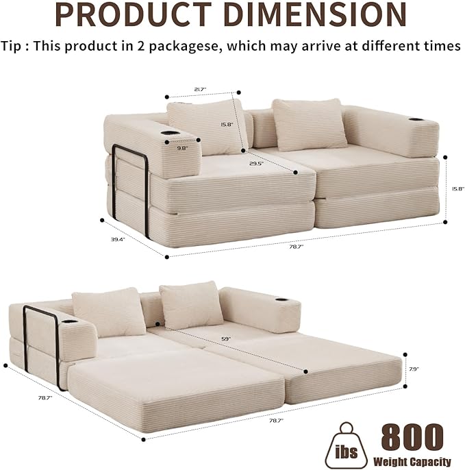 78" Loveseat Sleeper Sofa, 4 in 1 Convertible Floor Sofa Bed, Boneless Cloud Couch with Cup Holder, Fold Out Floor Couch for Living Room Bedroom Lounge, Corduroy, White