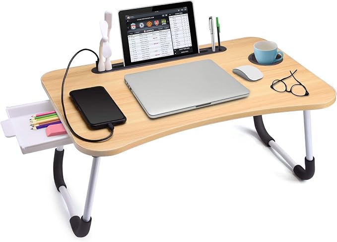 Slendor Lap Desk with Tablet Slot, Foldable Laptop Table with Storage Drawer for Bed，Portable Bed Desk for Laptop, Computer Tray with Cup Holder Notebook Stand Reading Holder for Couch Floor, Walnut
