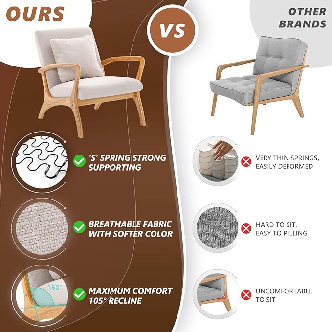 ELUCHANG Accent Chair with Lumbar Pillow,Mid-Century Modern Accent Chair Armchair, Linen Fabric Comfy Reading Chair Lounge Side Chair for Living Room Bedroom Apartment,Easy Assembly(Beige2)
