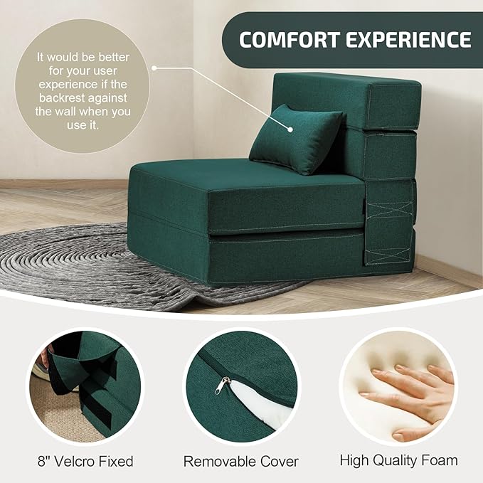 Folding Sofa Bed with Pillow- Convertible Chair Floor Couch & Sleeping Mattress, Foldable Memory Foam Sleeper for Living Room/Dorm/Guest Room/Home Office/Apartment/Loft, Single28, Dark Green