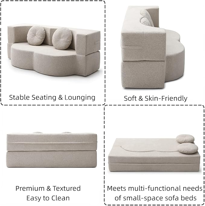 76" Convertible Folding Sofa Bed, 2-in-1 Twin Size Loveseat Sleeper Couch Bed with Two Pillows, Foldable Space-Saving | Design for Dorms Apartments Bedroom& Living Room,No Assemble(Khaki)