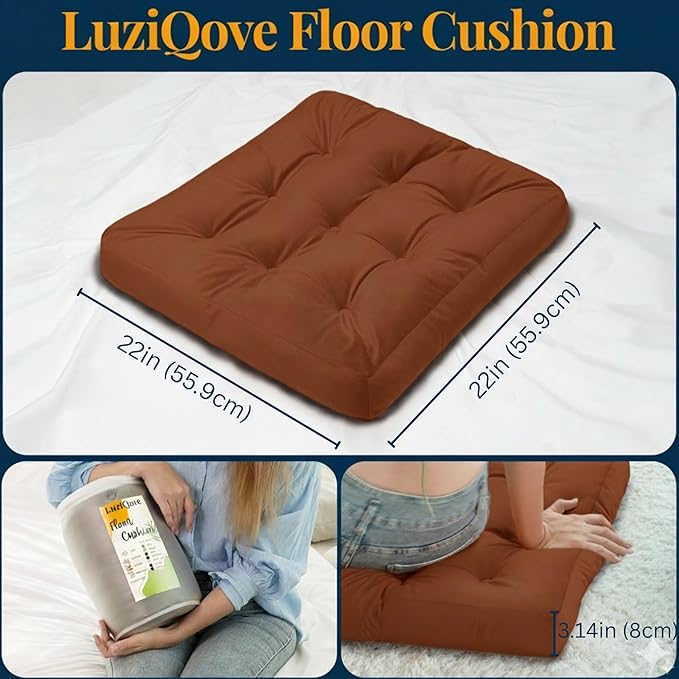 Velvet Floor Pillow Set of 2, Square Large Pillows seating for Adults, Brown Tufted Cushions for Meditation, Yoga, Tatami, Living Room, Chair, Machine-Washable & Dryer-Safe, Brown, 22x22 Inch