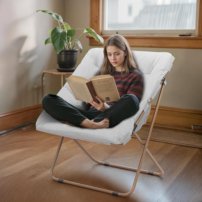 Athena Collection Saucer Chair for Adult, Square Comfy Cozy Chair Folding Chair Faux Fur Metal Frame Foldable Reading Chair Accent Chair for Bed Room Living Room Set of 2, White