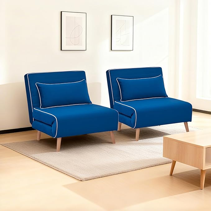 CITTANEO 2 Sets 32" Convertible Sleeper Chair, 3-in-1 Folding Sleeper Chair with Adjustable Backrest and Pillows, 2-Piece Sofa Bed Sets for Apartment, Office, Blue