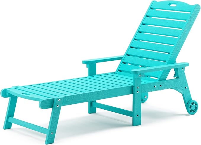 LUE BONA Outdoor Chaise Lounge, HDPS Chaise Lounger, 5 Positions Adjustable Lounge Chairs, Pool Lounge Chair with Wheels for Poolside, Backyard, Aruba Blue