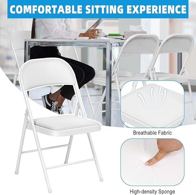 8 Pack White Padded Folding Chairs Set - Comfortable Stackable Portable Chairs for Indoor Outdoor, Events, Parties, Office, Wedding (PU Leather, Executive White,School Chair)
