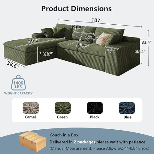 107" Cloud Sectional Couch with L-Shape Chaise, Modern Corduroy Viral Boneless Sofa for Living Room,Memory Foam Couches in a Box with Deep Seat,No Assembly Required (Green,Left-Facing Chaise)