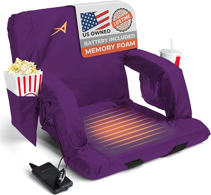 Heated Stadium Seats for Bleachers with Back Support – USB Battery Included - Upgraded 3 Levels of Heat - Foldable Chair - 4 Pockets for Snacks, Cup Holder - for Camping, Games & Sports (Purple)