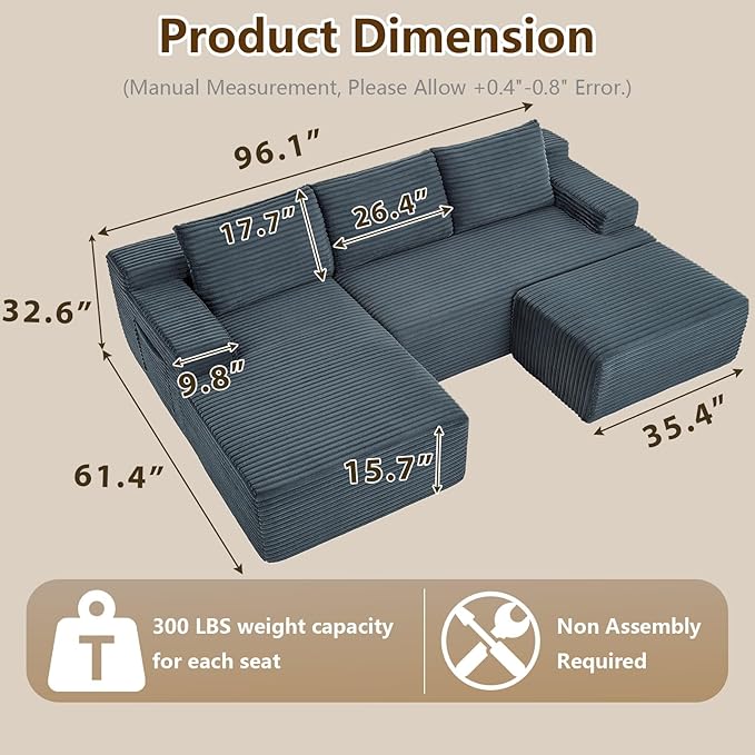 96" U-Shape Cloud Couch, Modern Modular Sectional L-Shape Sofa with Ottoman, Corduroy Upholstered Couches Deep Seat Sleeper Chaise Longue for Living Room, No Assembly Required(Dark Gray, Left Facing)