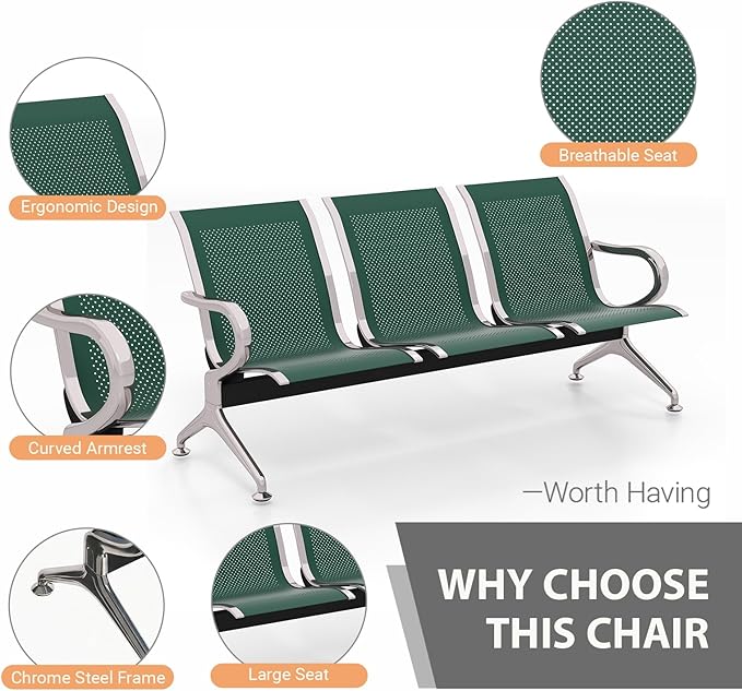 Kinfant 3-Seat Waiting Room Chair - Office Guest Reception Chairs with Ergonomic Backrests, Airport Waiting Bench with Armrests, Metal Waiting Furniture for Hospital, Bank (Dark Green, Set of 2)