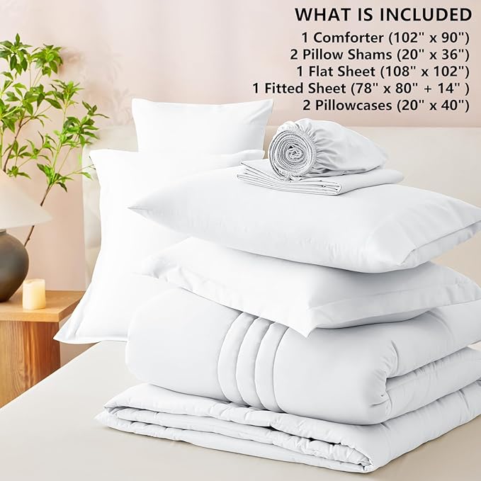 CozyLux King Comforter Set - 7 Pieces Bed in a Bag White Comforter Set with Sheets Luxury Bed Set All Seasons, Soft Bedding Set with Down Alternative Comforter, Sheets, Pillowcases & Shams