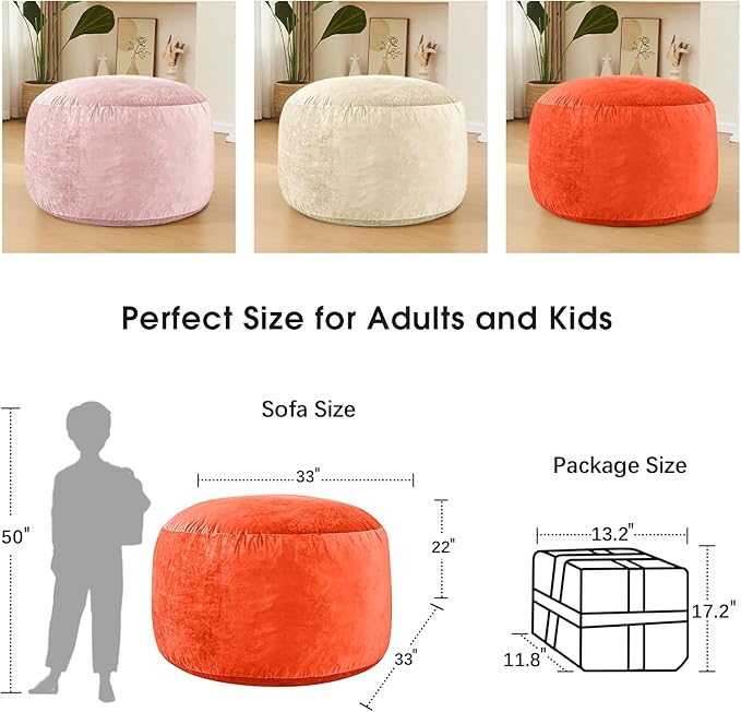 Bean Bag Chairs for Adults - Memory Foam Furniture BeanBag Chair - Kids/Teens Sofa with Soft Micro Fiber Cover - Round Fluffy Couch for Living Room Bedroom College Dorm - 3 ft, Orange