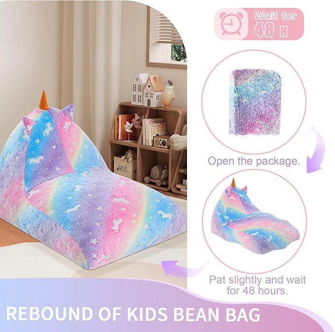 COMAX Unicorn Bean Bag Chairs for Kids 8-12, Kid Beanbag Chair with Filler, Big Toddler Lounge Bean Chair, Children Lazy Floor Lounger for Girls Boys, Glowing Rainbow