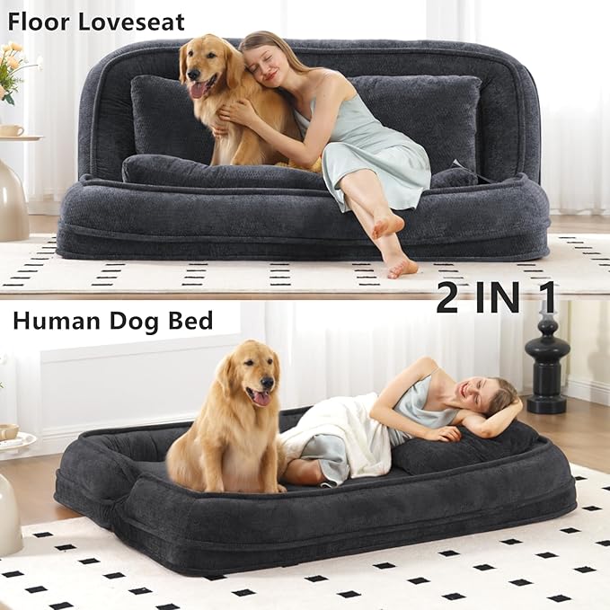 Foldable Lazy Sofa Bed, Chenille Upholstered Human Dog Bed for Adults, 2 in 1 Convertible Floor Sofa with 5 Adjustable Backrest Positions and Soft Cushions for Living Room (Dark Gray)