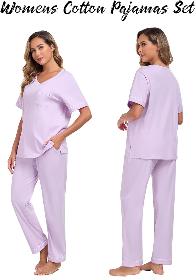 CF Women's 100% Cotton Pajama Sets Soft Short Sleeve Tops & Pants Comfy Sleepwear 2 Piece Lounge set with Pockets Loungewear