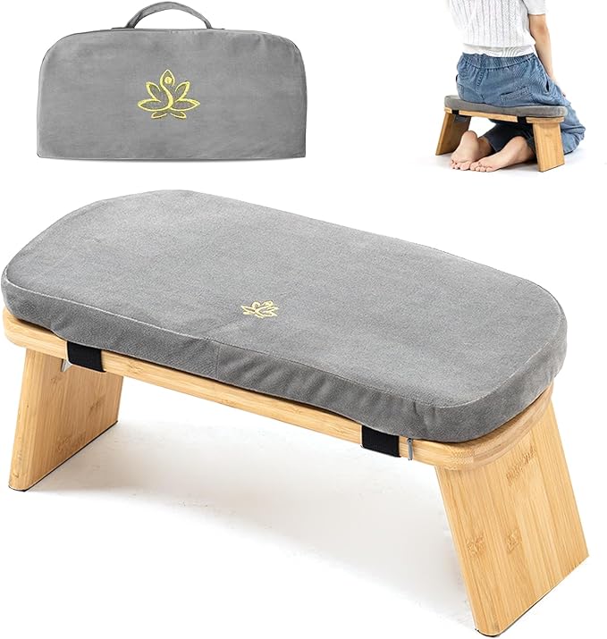 Estleys Meditation Bench, Bamboo Meditation Stool, Folding Kneeling Meditation Bench, Seiza Prayer Bench, Prayer Bench with Meditation Cushion, Kneeling Stool (Grey & Bag)