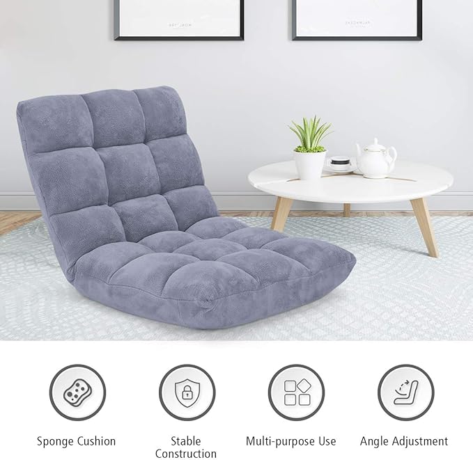 GOFLAME 14-Position Folding Floor Chair, Padded Gaming Lazy Sofa Chair with Adjustable Backrest, Couch Recliner, Sleeper Bed Lounge Chair for Reading, Gaming, Meditating (Grey)