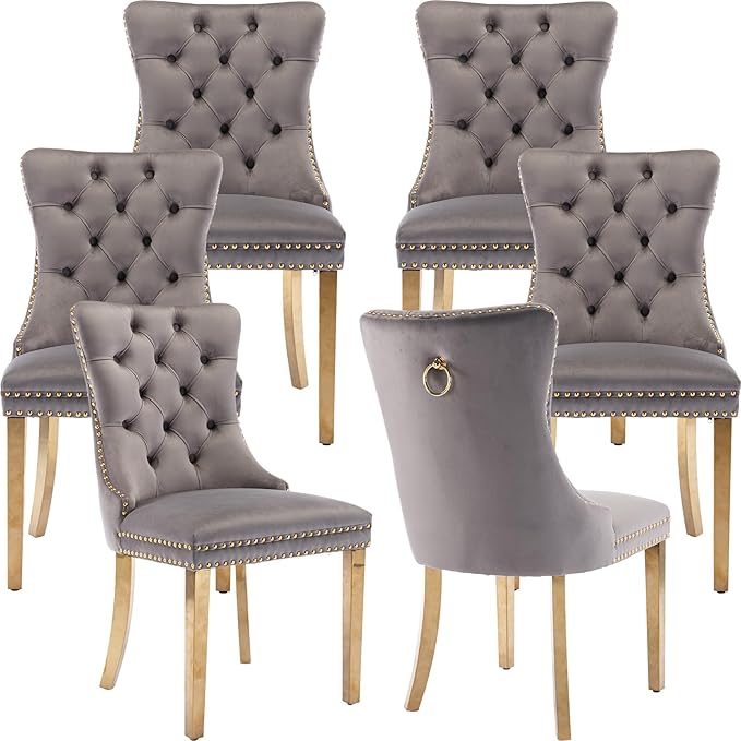 YeahFurn Mid Century Modern Dining Chairs Set of 6, Grey Velvet Upholstered Tufted Back, Kitchen & Dining Room Chairs, Gold Metal Legs, Nailhead Trim, Sillas para Comedor (Gray, 6 Pcs)