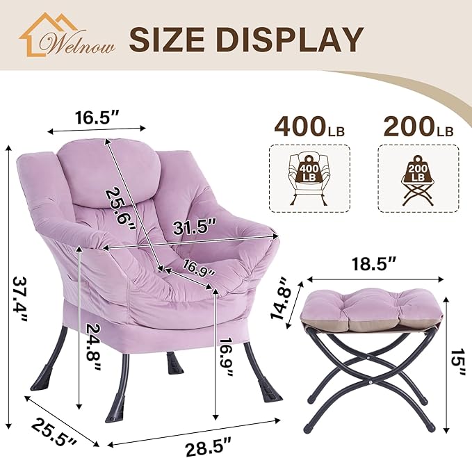 Welnow Lazy Chair with Ottoman, Modern Lounge Accent Chair with Armrests and a Side Pocket, Leisure Upholstered Sofa Armchair Set, Reading Armchair with Footrest for Small Space, Light Purple