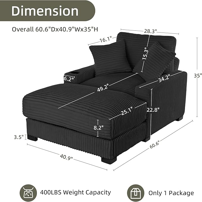 Oversized 60" Chaise Lounge Chair with Adjustable Backrest, Solid Wood Frame Corduroy Upholstery, Cup Holder USB & Type-C Port, 2 Pillows Sleeper Couch Deep Seat for Living Room, Bedroom, Black