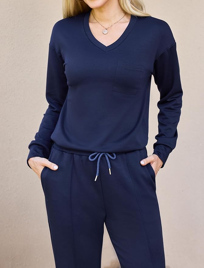 difficort Women's 2 Piece Lounge Sets Casual Travel Airport Outfits Side Slit V-Neck Tops & Wide Leg Pants Matching Set