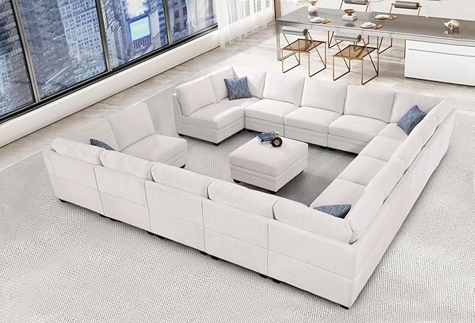 Legend Vansen Oversized Modular Sectional Sofa,16 Seat U Shaped Couch with Ottoman,Corduroy Sofa with Deep Seat,Convertible Large Sectional Couches for Living Room (Cream, U-16)