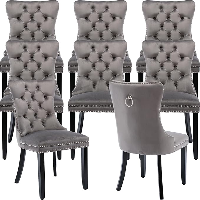 YeahFurn Grey Mid Century Modern Dining Chairs Set of 8, Velvet Upholstered Kitchen & Dining Room Chairs with Nailhead Trim & Solid Wood Legs, Elegant Sillas De Comedor (Grey, 8 Pcs)