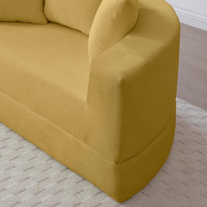 67" Round Convertible Folding Sofa Bed, Boneless Couch Loveseat, Floor Sleeper Chaise Lounge for Living Room, Apartment, Dorm, Small Spaces, Yellow