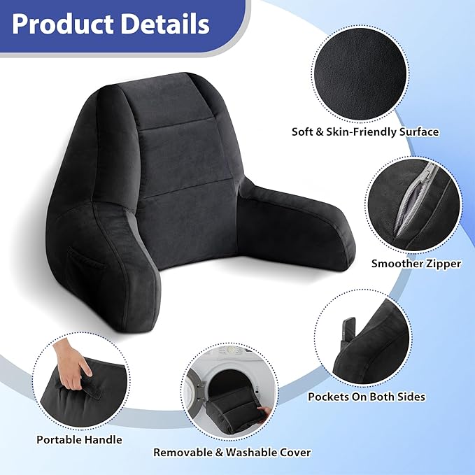 IASEAHK Reading Pillows for Sitting in Bed Adult, Back Pillow for Bed Sitting Up, Backrest Pillows with Shredded Foam for Adult&Teens, Support Pillow with Arms for Beds, Couch, Floor, 24in, Black
