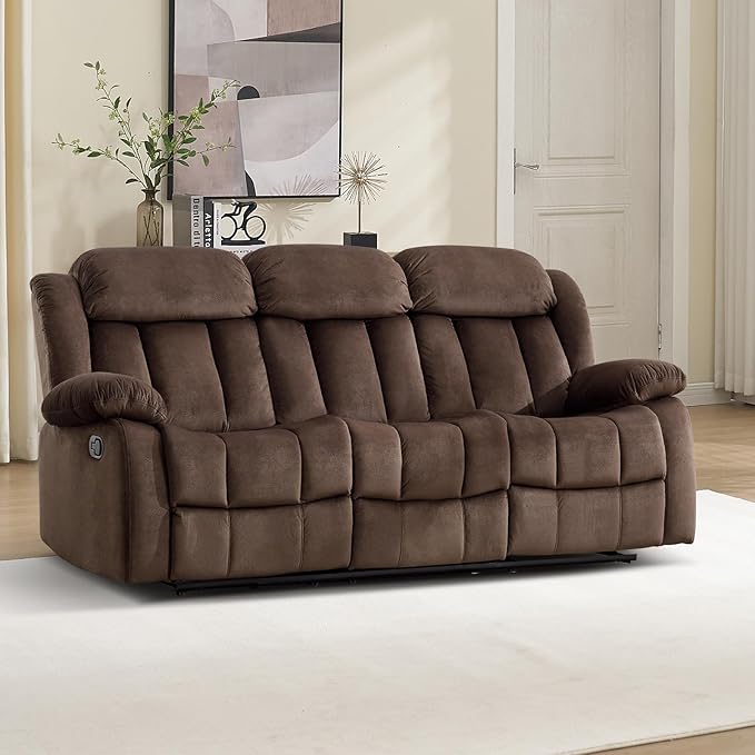 EBELLO Manual Recliner Chair, Classic 3 Seat Reclining Sofa with Overstuffed Arms and Backrest for Living Room, Bedroom, Sofa, Brown