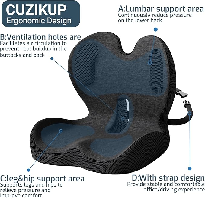 Office Chair Cushions with Lumbar Support Pillow, Soothe Back and Seat Cushion Memory Foam, Non Slip Adjustable Strap for Lower Back Pain Sciatica Relief Office Workers Car Drivers (Black+ Gray)