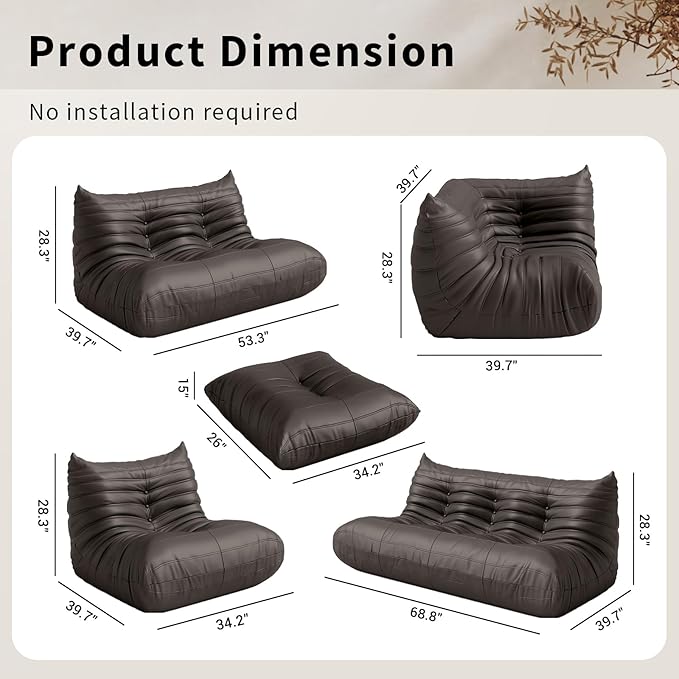 Foam Bean Bag Chairs for Adults,Big Faux Leather Bean Bag Sofa,Floor Lazy Couch for Living Room Bedroom Dorm Office