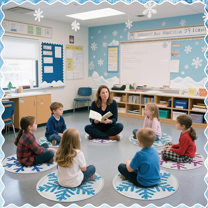Capoda 12 Pieces Snowflake Carpet Circle Seats - 15.57 Inch Round Floor Mats for Winter Woodland Preschool Kindergarten Elementary Daycare Playroom Reading Room Nursery Bedroom Classroom Seating Rugs