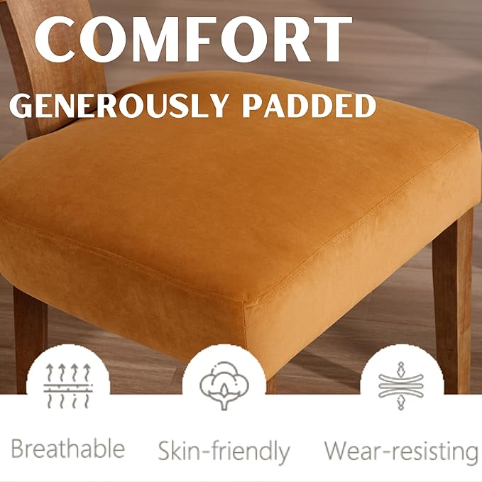 RIVOVA Velvet Dining Chairs Set of 4 Modern Dining Chair with Wood Legs, Upholstered Dining Chairs for Dining Room, Kitchen, Vanity, Living Room, Yellow Brown