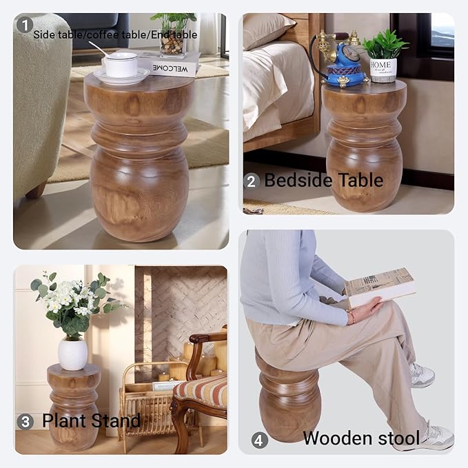 Athaliah Handcrafted Tree Stump Accent Table, Small Solid Paulownia Wood Stool, Side Table & End Table, Rustic Farmhouse Natural Wood Decor for Living Room, Bedroom, Patio, Balcony