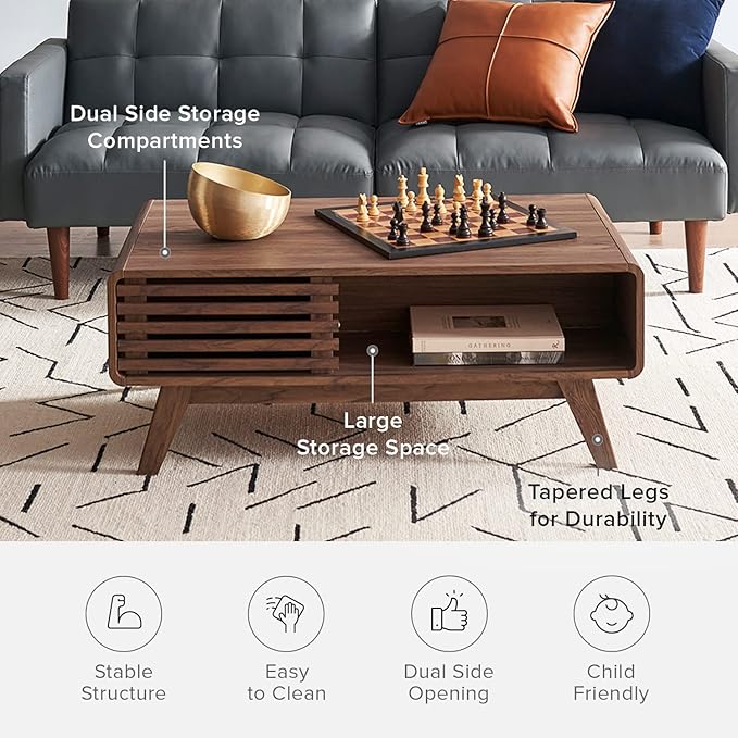 mopio Ensley Coffee Table, Mid Century Modern Table with Storage, Farmhouse Wood Coffee Table for Living Room Fluted (Walnut)
