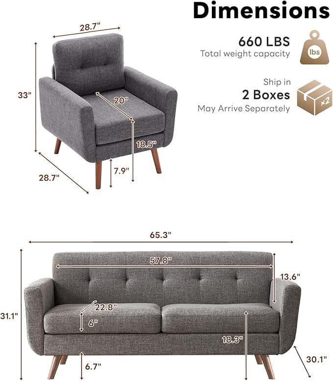 Tbfit Mid Century Modern Sofa Couch, Gray, Loveseat & Accent Chair | linen fabric, button tufted, solid wood foot, pocket spring, wood slats frame