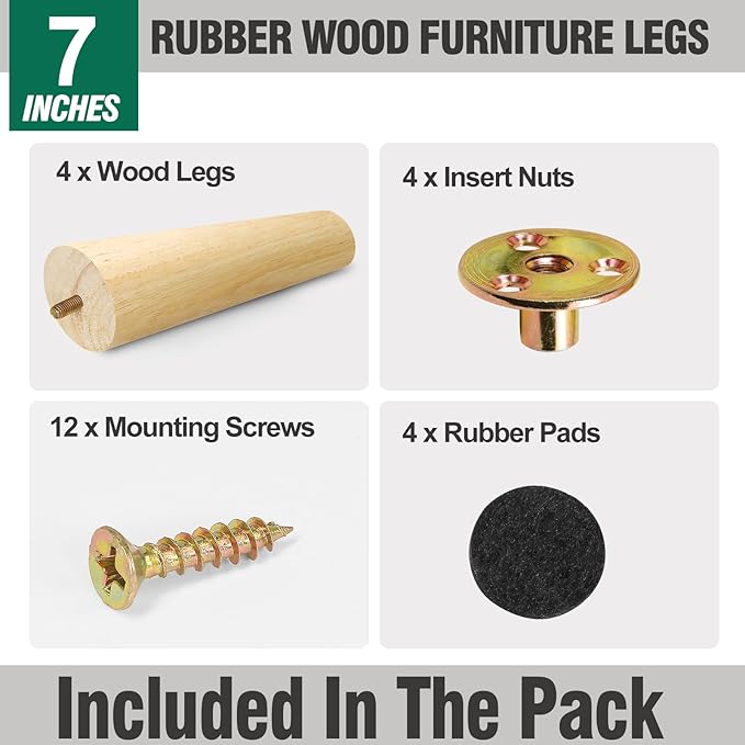 FoDau770 Rubber Wood Furniture Legs 7 Inches, Slant Tapered Wood Feet Mid Century Sofa Legs Set of 4, 5/16" UNC Furniture Feet Replacement Parts for Cabinet Couch Dresser Chair Ottoman Table