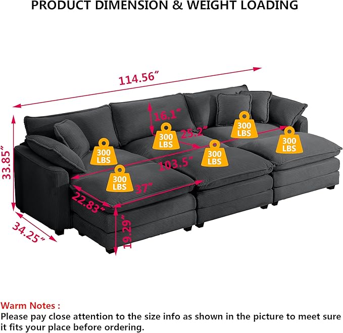 Aoowow Corduroy 3 Seater Sleeper Couch with Ottomans,Large Cloud Couches for Living Room,Tufted Modular Sectional Cloud Sofas Deep Seat,Oversized Chaise Lounge Sofa (Grey, 3 Seater + 3 Ottoman)