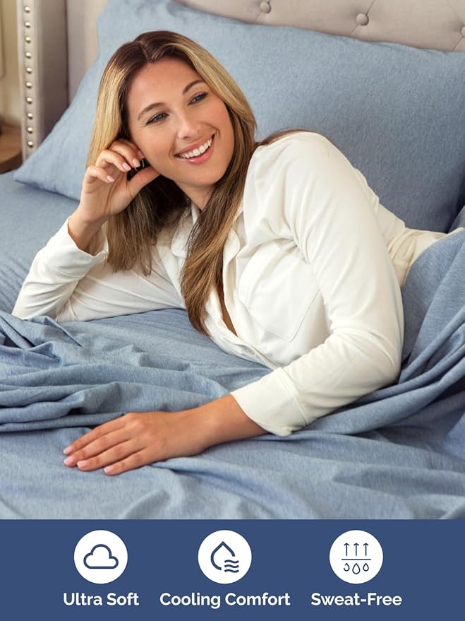 Extra Deep Pocket Split King Sheets - 5 Piece Breathable & Cooling Bed Sheets - Hotel Luxury Bed Sheet Set - Soft, Wrinkle Free & Comfy - Easily Fits Extra Deep Mattresses - Heathered Blue Sheets Set