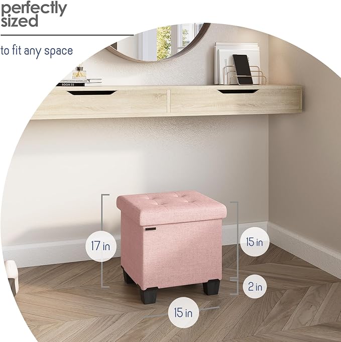 Storage Ottoman Cube with Small Bin, 16-in Square Ottoman with Storage for Living Room and Bedroom, Small Ottomans Foot Rest, Fabric Foot Stools Ottomans Max 330lbs, Pink