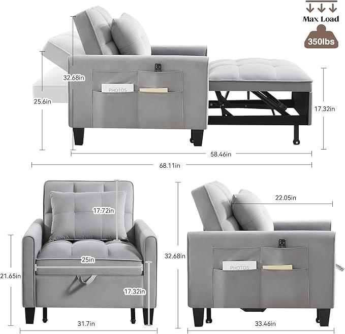 choairy Convertible Sleeper Chair, 3 in 1 Sleeper Chair Bed Pull Out Sofa Bed Chairs, Velvet Single Sofa Beds with Adjustable Backrest for Adults Reading Living Room, Bedroom, Light Grey