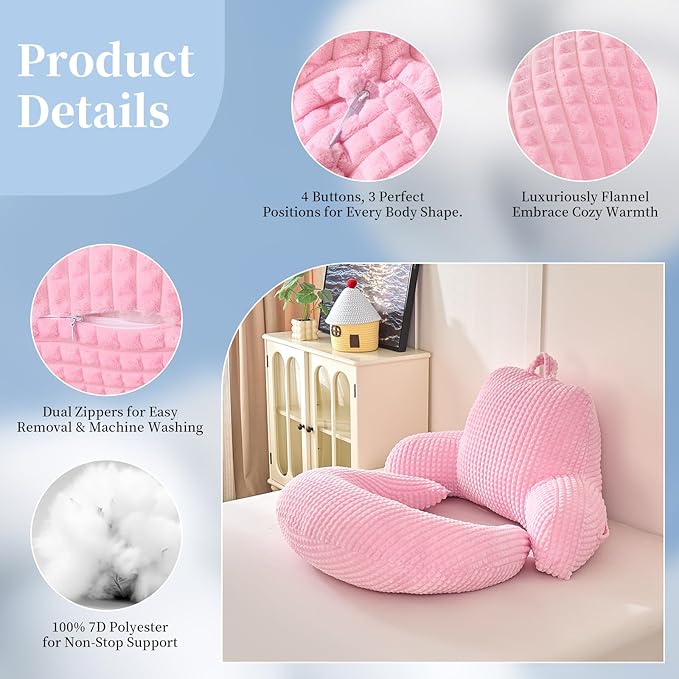 PAJEO Reading Pillow for Bed,U Shaped & Back Support Pillow for Bed,17" Backrest with Lumbar & Arm Support,Comfy Flannel Fabric,Lap Pillow for Gaming/Reading/Watching TV,Pink